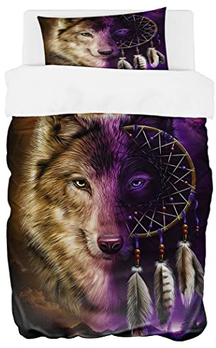 Zomer Bettwäsche Set 135x200 cm 2teilig Bettbezug Mikrofaser Bettwäsche Deckenbezug mit Der Wolf und der Traumfänger Motiv - 1 Flauschige Bettdeckenbezug und 1 Kissenbezug 80x80cm