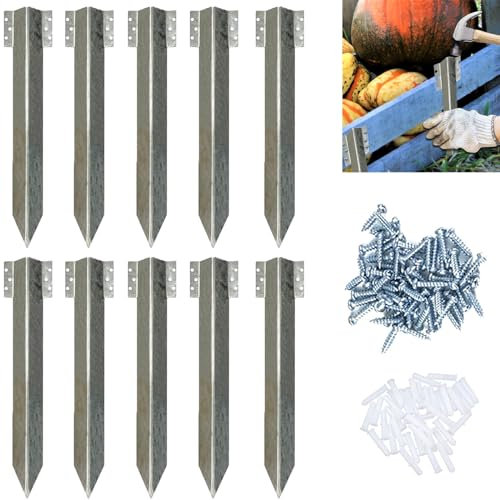 Focefec Heavy Duty Galvanized Steel Garden Stakes, 10 Pcs - With 60 Screws & Plastic Rings for Garden Timber Planter Edges, Raised Grow Beds, Retaining Walls, Driveway