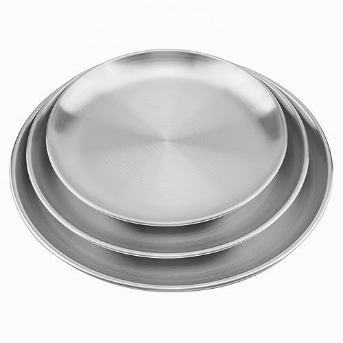 ZEONHEI 3Stück Edelstahl Rundes Geschirr Silber Unterteller Edelstahlteller Servierteller Metallteller Camping Teller Platzteller für Outdoor Camping, Picknick, Küche, Party (Φ20/23/26cm)