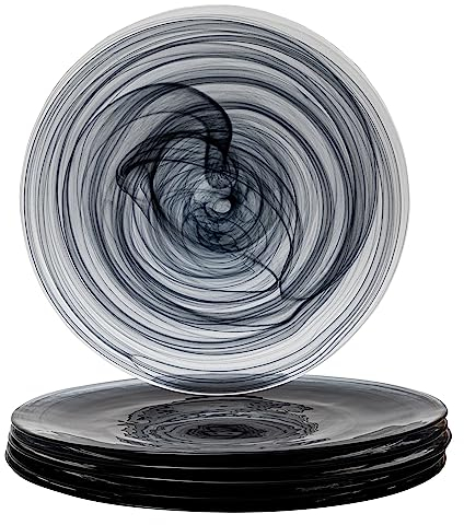 Vikko Charger Plates, Set of 6 Black Alabaster Dinner Plates, 13 Plate with Marbelized, Swirl Design, Elegant Glass Charger, Dishwasher Safe
