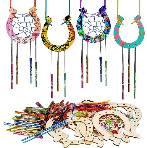 16 Stück Holz Hufeisen Windspiel Bastelset,Hufeisen Basteln Klangspiel Kinder DIY Hufeisen zum Bemalen Glücksbringer Geschenk,für Mädchen Jungen DIY Handwerk Kindergeburtstag
