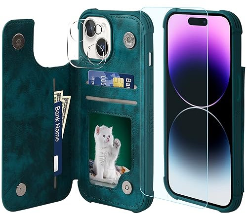 VANAVAGY Wallet Case Compatible for iPhone 15,Leather Flip Folio Shockproof Phone Cover Fit Magnetic Car Mount [Screen Protector Included] with Credit Card Holder for Apple 15, Midnight Green