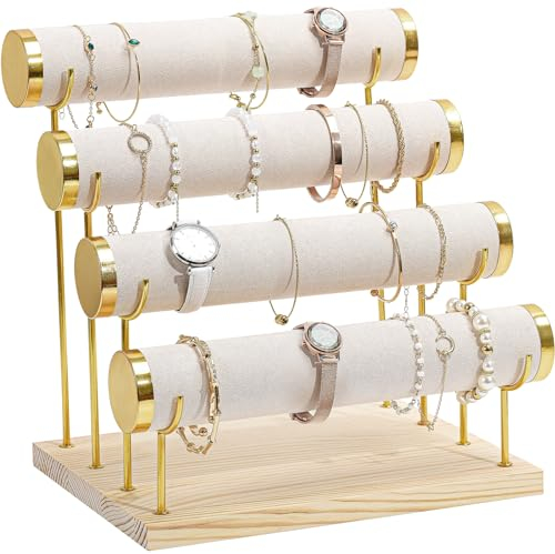 ProCase Support de bracelet à 4 étages en forme de T, amovible, en velours, avec base en bois, pour bracelets, pinces à cheveux, montres - Beige