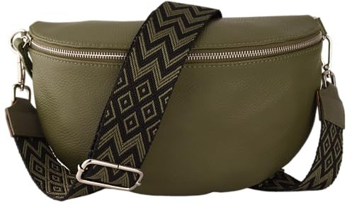 MIRROSI® Bauchtasche Damen, Echtleder, Made in Italy, Umhängetasche, Brusttasche, Crossbody Bag (1 Tasche & 2 Gurte) (Khakigrün (Bohemian Khakigrün Schwarz), Große Tasche (28x18x9cm))