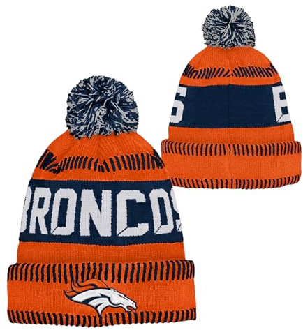 NFL Mütze für Kinder, Jugendliche 8–20, Einheitsgröße, Team-Farbe, Primär-Logo, offizielles Sport-Tech-Strick, kaltes Wetter, Fußball-Bommelmütze, Denver Broncos, Einheitsgröße