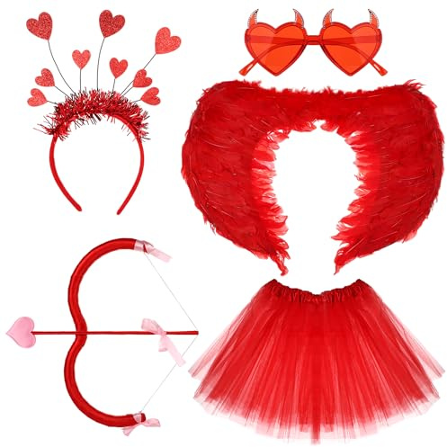 6stk Valentinstag-Kostüm für Amor, Kostümzubehör Einschließlich Federflügel Pfeil und Bogen des Amors Tutu Herz-Stirnband Sonnenbrille für Mädchen und Frauen Valentinstag Cosplay (Rot)