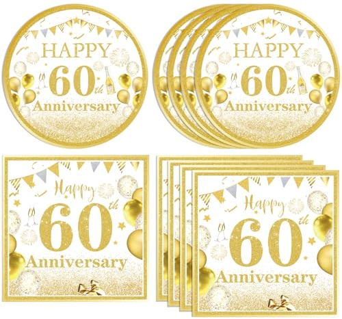 40PCS White Gold 60th Anniversary Decorations - Tableware Set with Plates & Napkins for 60th Birthday Party Supplies