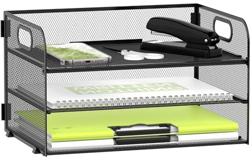 DALTACK 3 Tier Paper Organizer for Desk, Sliding Paper Trays, Black