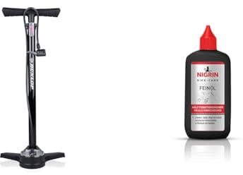 Dunlop - Pumpe mit Manometer - Doppelventil - Holländisches Ventil & NIGRIN Bike-Care Feinöl | 100 ml Flasche | Feinmechaniköl | Für Hobby und Werkstatt | Harz- und säurefrei |