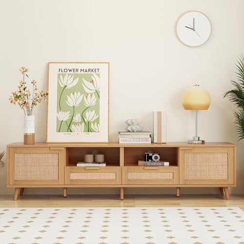 BSFANN TV-Konsolentisch,200 * 37 * 49cm, TV-Schrank mit Moderndesign, TV-Bänke & Lowboards mit massiven Holzfüßen,Geflochtener TV-Boards