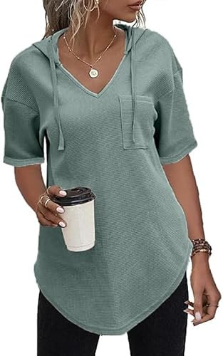 Cuptacc Oberteile Damen Sommer T Shirt V Ausschnitt Kurzarm Hoody Tshirt Waffelstrick Oberteile Chic Graublau,L 42-44