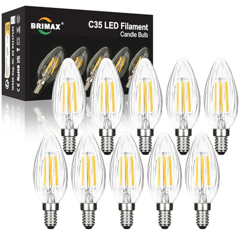 BRIMAX E14 LED Candle Bulbs Dimmable,6W Wrinkle Warm White Bulb 10Pack | Flame Wrinkle Glass Shell,60W Equivalent,Small Edison Screw SES Chandelier Bulbs, C35 LED Filament Candelabra Bulb