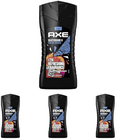 Axe Skateboard & Fresh Roses 3in1 Duschgel Herren Body Hair Face 12h frischen Duft auf Pflanzenbasis (1 x 250 ml) (Packung mit 4)