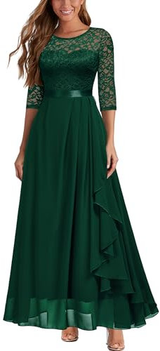MIUSOL Women's Vintage Floral Lace Half Sleeves Ruffles Trim Bridesmaids Party Gown Formal Maxi Dress (Large, Dark Green)