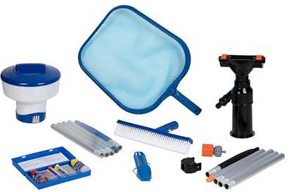 Cofan Kit de Mantenimiento y Limpieza de Piscinas con 6 Artículos: Kit de Pruebas de agua, Cepillo Limpiafondos, Termómetro, Dosificador de Cloro, Recoge Hojas y Aspirador con Pértiga | Todo en Uno pa