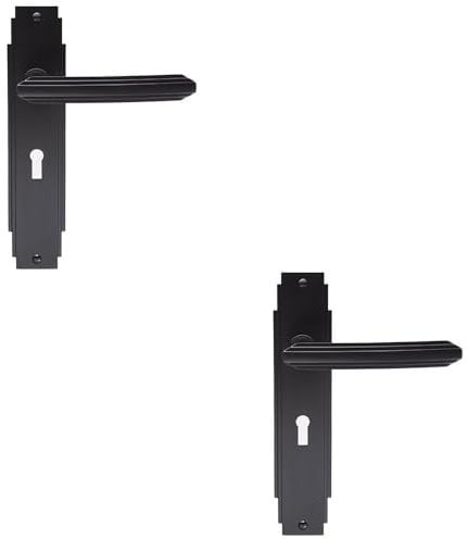 2 Pack - Art Deco Internal Latch Door Handle - Matt Black Lever on Backplate Reeded
