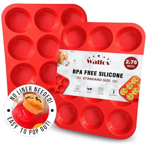 Walfos Muffin Pan Set - 12 Cups Regular Silicone Cupcake Pan, Non-Stick and BPA Free, Great for Making Muffin Cakes, Tart, Fat Bombs - Dishwasher Safe, 2-Piece