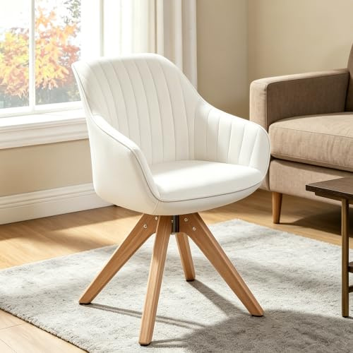 Zouron Chaise de Salle à Manger (avec accoudoirs et Coussin d'assise épais), Fauteuil de Bureau pivotant (360°), Fauteuil de Salon (Ergonomique),1PC,Off White(Velours+Bois de hêtre