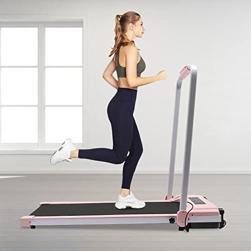 MEELRYD Laufband Klappbar Laufband für Zuhause bis 10 km/h mit Fernbedienung LED-Anzeige und Handläufe, Ultra Slim Walking Treadmill für Heimfitnessübungen (Rosa)