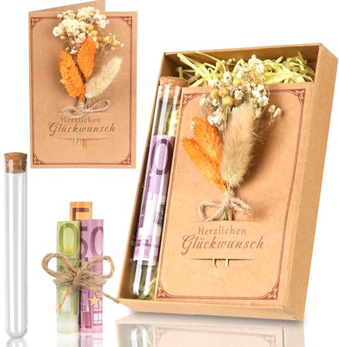 Eyezeeption Geburtstagskarte Geldgeschenk Verpackung Geburtstagskarte Frau Mann mit Trockenblumen, Geldgeschenk Geburtstag Herzlichen Glückwunsch für Frauen und Mann. (mit Geschenkbox)