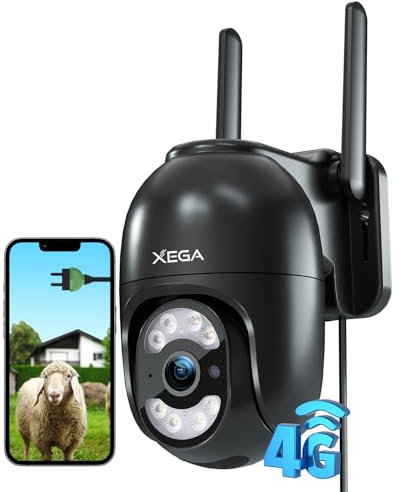 Xega 4G Camara Exterior con Tarjeta SIM, 24/7 Grabación Continua Cámara Vigilancia con Cable, PTZ 355°/100°, Detección Humano Seguimiento Automático Visión Nocturna Luz Sonido Alarma【Carga por Cable】