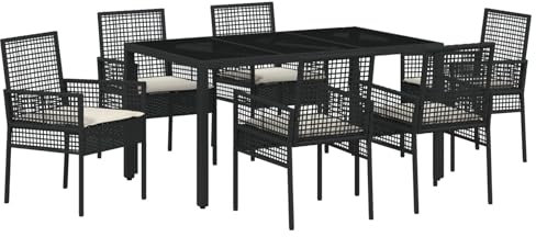 vidaXL 7-teiliges Garten-Esszimmer-Set mit Kissen - Schwarz, Poly Rattan, Tisch und Stühle für draußen. Stylisches und wetterfestes Möbel für Balkon, Terrasse und Sommergarten.