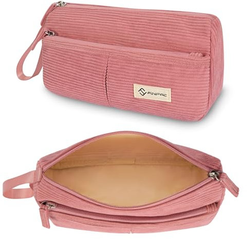 FINPAC Federmäppchen Pencil case, Cord-Stoff Mäppchen mit Handschlaufe Große Kapazität Federtasche Schulmäppchen Schreibwarenbeutel Bleistiftbeutel Stiftetasche für Schule Büro (Rosa)