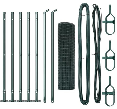 vidaXL Grünes Metallzaunpfosten-Set mit Netzrolle 10 x 0,5 m Langlebig PVC-beschichtetes Design für Außenzaun, Installationsbedarf, Gartenbarrieren Set Pfosten und System