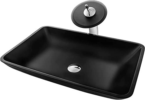 YNIYUJKL Lavabo De Salle De Bain Noir, Vasque De Salle De Bain en Verre Trempé avec Bonde Et Anneau De Montage,Large Rectangle-Large
