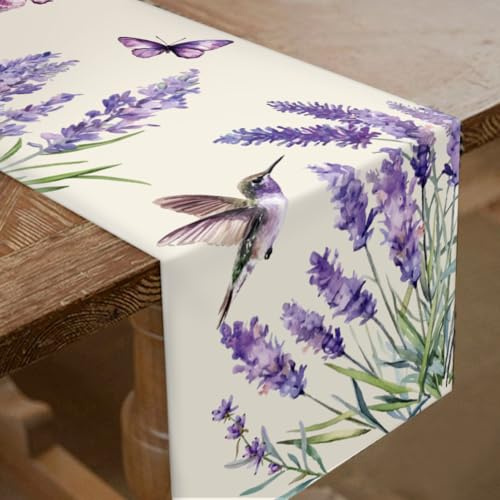 SUPERDANT Tischläufer Lavendel Und Schmetterlingsmotiv Natürlicher Bunter Stoff Tafelaufsatz Tischdekoration Für Esszimmer Hochzeitsdekor Geburtstagsparty Zubehör Feiertagsdekor 33x183cm
