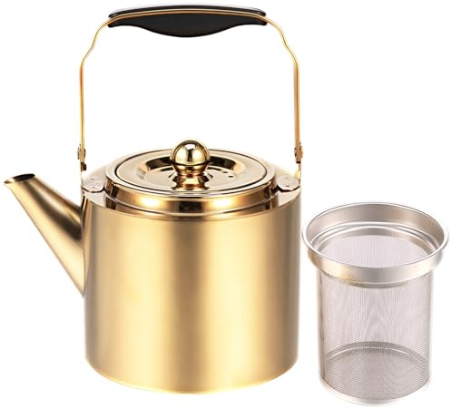 Teekanne mit Siebeinsatz Edelstahl 1.8L Hitzebeständig Langlebiges Adler-Ausgussdesign Rutschfest Griff (Gold)