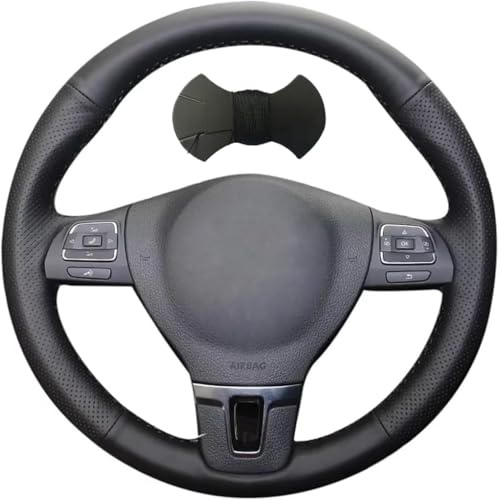 Shining Wheat Lenkradbezug für Volkswagen VW GOL Tiguan Passat B7 Passat CC Touran Jetta Mk6 Schwarz Leder (Schwarzes Gewinde)