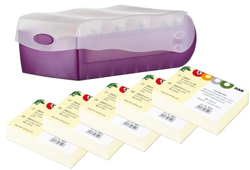 HAN Lernkarteibox CROCO, einfach Vokabeln lernen mit 5-Fächer-Lernsystem, DIN A8 Karteikasten für 500 Karten, inkl. 5 Stützplatten + 500 Lernkarten, Karteibox, Lernbox (Transluzent/Lila, A8)