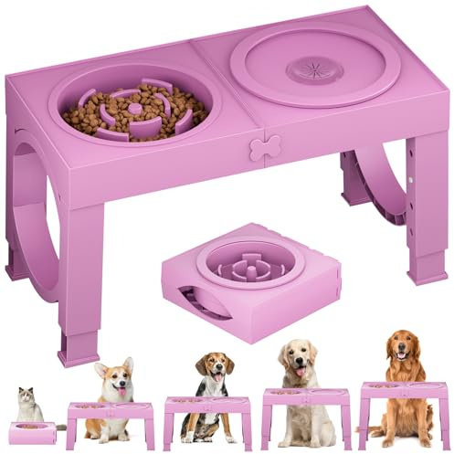 Aystkniet Raised Dog Bowls with Stand Includes Slow Feedding Food Bowl and Spill-proof Water Bowl，5 Height Adjustable Elevated Dog Bowl 8cm/23cm/27cm/31cm/35cm for Medium and Large Dog