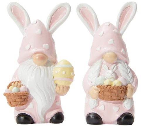 DN DECONATION Osterwichtel Hasen Figuren Set, 2-teilige Rosa Resin Mini Wichtel mit Herz-Punktemuster Ostereier Korb, Niedliche Tischdeko für Kaminsims Regal, Süßes Oster & Frühlings Geschenk
