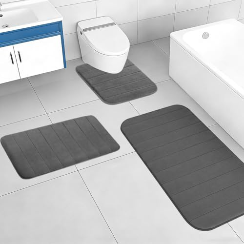 CEWROM Badematte Set 3-teilig aus Memory Foam, Mikrofaser Badezimmerteppich Set, Weiche Memory-Schaum Badematte und U Förmige wc Vorleger, Badezimmer Teppiche U50x60+80x50+120x50cm (Dunkelgrau)