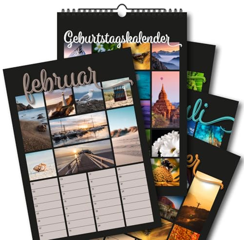 Timr Geburtstagskalender DIN A4 - Jahresunabhängig ohne Datum - tr419 | Kalender für Geburtstage, Collage, Motiv Fotokalender mit Natur Tiere Landschaften, immerwährend, Hochformat, Spiralbindung