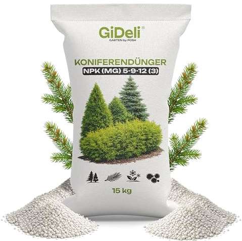 GiDeli Koniferendünger 15 kg, Thuja Dünger mit Magnesium | Koniferen Dünger für große Hecken, gegen Nadelvergilbung, Vorrat für die Saison, sattes Grün im Beet