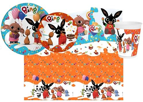WOOPARTY Kit Compleanno Bing per 8 Persone - Set Festa con Piatti 23cm e Piatti 18cm, Bicchieri, Tovaglioli e Tovaglia - Addobbi Tema Bing per Bambini