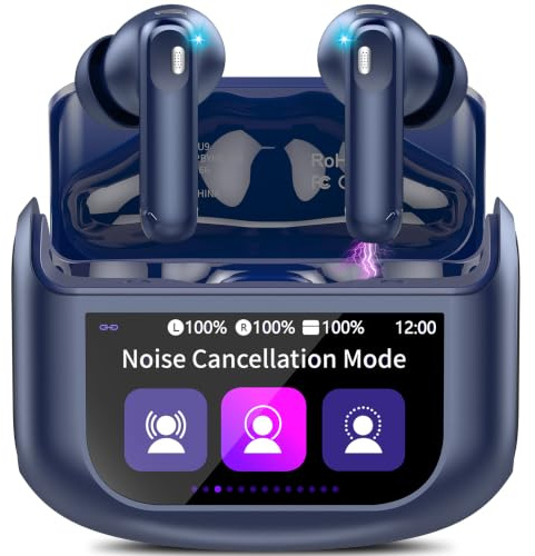 Thunelec Auriculares Inalambricos con Pantalla Táctil LED, 2026 Nuevo Auriculares Bluetooth 5.4 con Reducción de Ruido ANC+ENC y HD Mic, 48H Cascos Inalambricos con HiFi Estéreo/5 Modos EQ, Azul