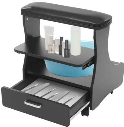 Loobiiny Pediküre Fußstütze mit Rollen Maniküre Fußhocker mit Schublade und PU Kissen bis 80 kg ergonomischer Fußschemel für Nagelstudio Zuhause 52x41x53,5 cm
