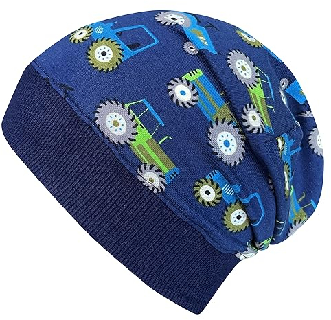 Wollhuhn ÖKO Leichte Weiche Mädchen/Jungen Beanie-Mütze Trecker/Traktor Bündchen Elastisch Übergangszeit/Sommer Jersey Baumwolle (Öko-Stoffe, Bio) (Trecker/Traktor Dunkelblau, S)