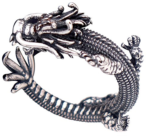 Bague petit doigt dragon chinois avec les yeux rouges en argent sterling 925 vintage noir réglable