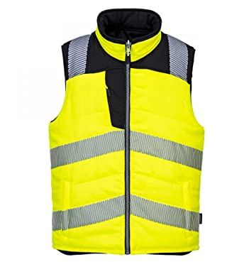 Portwest PW374 Arbeitskleidung Polyester-Baumwolle Verstellbare Kapuze Bau | Gelb/Schwarz, S, UPF 50+, EN ISO 20471 Klasse 2, 245 G und Füllstoff, InsulatexTM Futter, Wendbar, Ärmellos, Reißverschluss