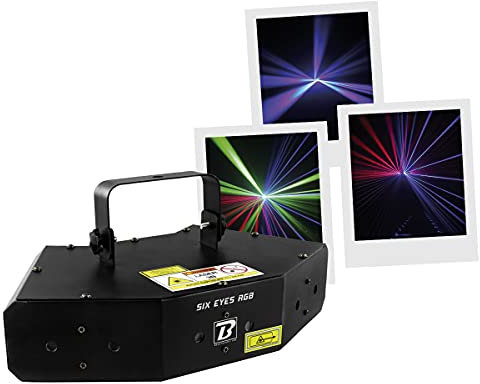 BoomTone DJ Six Eyes RGB LZR d'animation Jeux de lumière Eclairage disco pour soirée. LZR multicolore vert rouge bleu. Classe 3B. Clé de protection. Mode Automatique / Détection sonore / DMX.