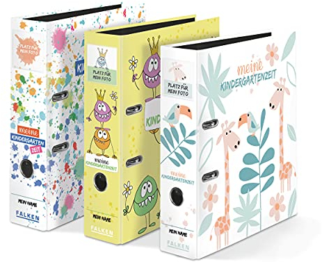 Original Falken 10er Pack Kindergarten-Ordner mit Einstecktasche. Made in Germany. 8 cm breit DIN A4 Motive sortiert, Ringordner Aktenordner Briefordner Büroordner Plastikordner