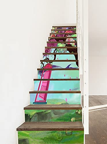 A.Monamour Treppenaufkleber Folie Selbstklebend 3D Aquarell Fantasy Baumhaus Märchenszene Vinyl Wasserdicht Treppe Aufkleber Fliesenaufkleber Abziehbilder Wandaufkleber Wandtattoos 13 Stück Set