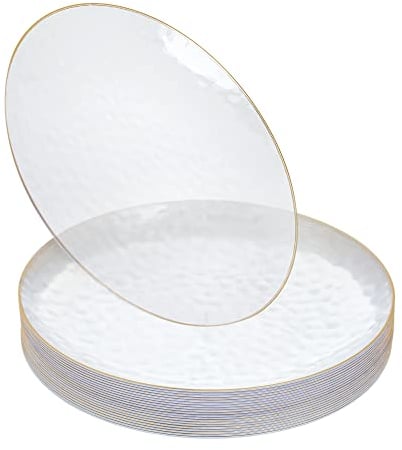 STACKABLES 20 Pcs Clear Round Plates ~ 6 Hammered Plate with Gold Rim ~ Lightweight Reusable Dinnerware Plates for Receptions Weddings Parties Banquets Events & Table Decoration