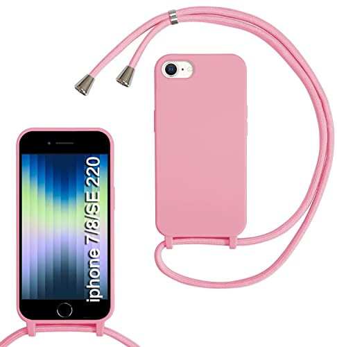 MBSLFY Lanyard Case for iPhone 6/6S/7/8/iPhone SE 2022/SE 2020, Liquid Silicone Protective Phone Case with Strap Adjustable Neck Cord Necklace Soft Cover for iPhone 6/6S/7/8, Pink