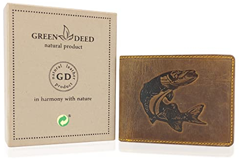GREEN DEED Echtleder Herren Geldbörse – Groß Portmonee aus Leder – Portemonnaie mit Münzfach – Tri-Fold Geldbeutel Männer - Vintage Braun - Angler Fische Hecht - 12 x 9 x 3 cm